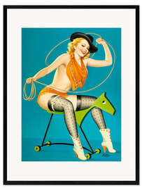 Impression artistique encadrée Pin-up sur un cheval en bois