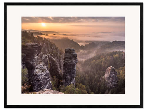 Plakat artystyczny premium w ramie Sunrise in the Saxon Switzerland