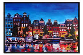 Gerahmter Kunstdruck Amsterdam Kanal Gracht in der Nacht