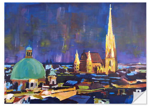 Selvklebende plakat Vienna Skyline at Night with St Stephan