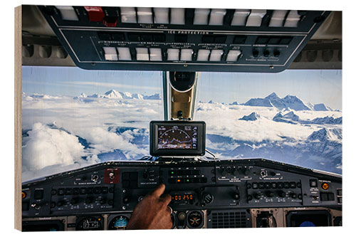 Obraz na drewnie Airplane cockpit - Flying over mountain peaks in Himalaya