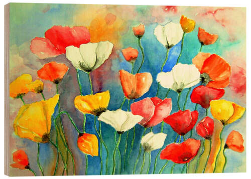 Wood print Colorful poppies