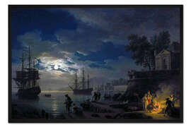 Gerahmter Kunstdruck Die Nacht: Hafen im Mondlicht