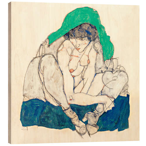 Wood print Crouching Woman with Green Headscarf