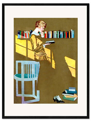 Kehystetty taidepainatus Reading in front of the bookshelf