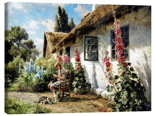 Canvas print Summer day with a young girl knitting