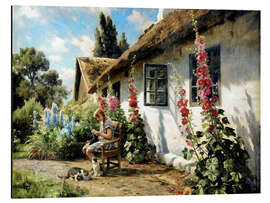 Magnettafel Strickendes Mädchen vor einer Stockrose