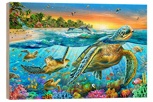 Wood print Underwater turtles