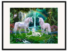 Gerahmter Kunstdruck Die Einhornfamilie unter dem Regenbogen
