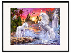 Gerahmter Kunstdruck Einhörner am Wasserfall