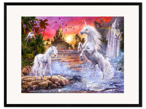 Stampa artistica con cornice Tramonto con cascata ed unicorni