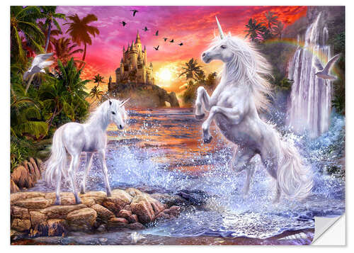 Selvklebende plakat Unicorn waterfall sunset