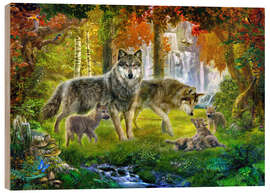 Tableau en bois Famille de loups en été