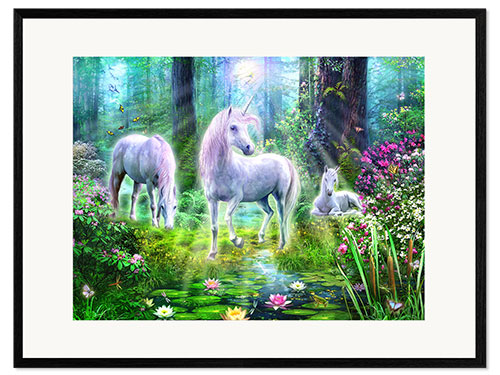 Impression artistique encadrée Famille de licornes dans la forêt