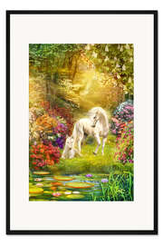 Gerahmter Kunstdruck Einhörner im Garten