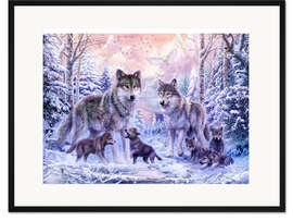 Gerahmter Kunstdruck Wolffamilie im Winter