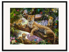 Gerahmter Kunstdruck Leoparden Familie in den Baumkronen