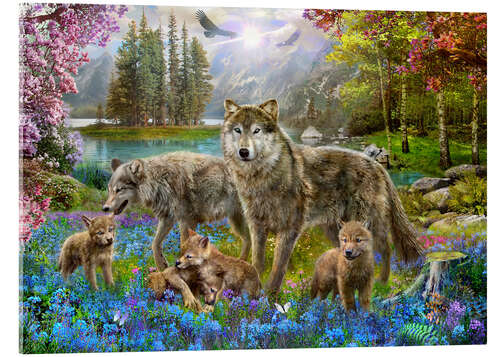 Tableau en verre acrylique Famille de loup au printemps