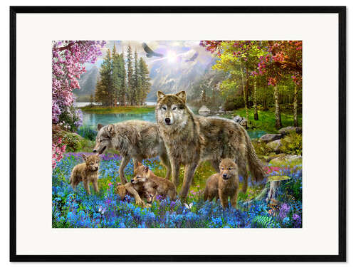 Plakat artystyczny premium w ramie Spring Wolf Family