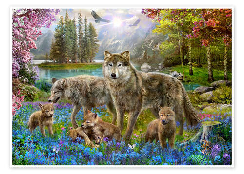 Póster Familia de lobos en primavera