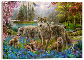 Tableau en bois Famille de loup au printemps