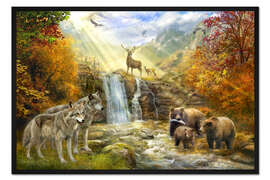 Gerahmter Kunstdruck Die Waldtiere am Wasserfall