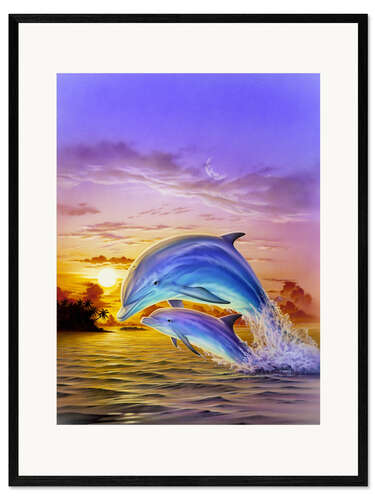 Stampa artistica con cornice Sunset dolphins