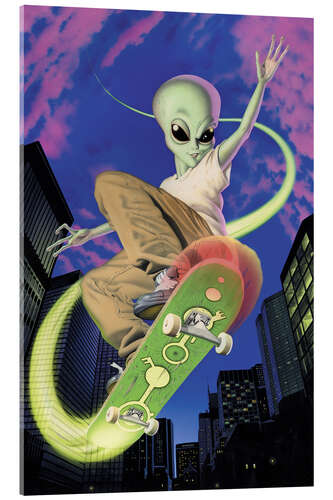 Tableau en verre acrylique Extraterrestre sur un skateboard