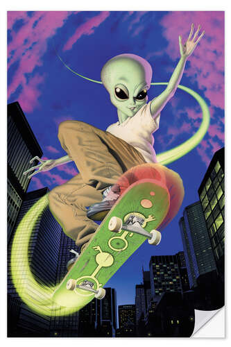Selvklæbende plakat Alien skateboarder