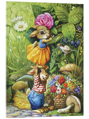 Akrylglastavla Rabbits picking flowers