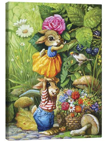 Stampa su tela Rabbits picking flowers