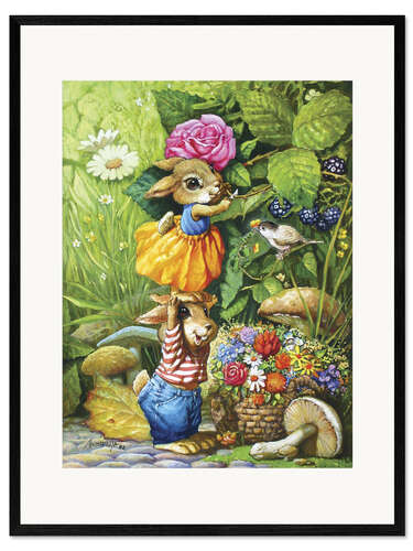 Gerahmter Kunstdruck Häschen holen Blumen