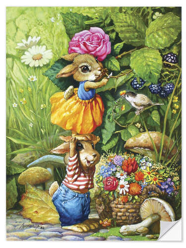 Vinilo para la pared Rabbits picking flowers