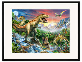 Gerahmter Kunstdruck Landschaft mit Dinosauriern