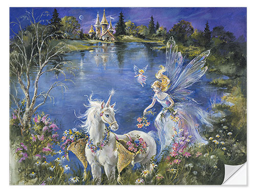 Sticker mural Cueillir des fleurs avec sa licorne