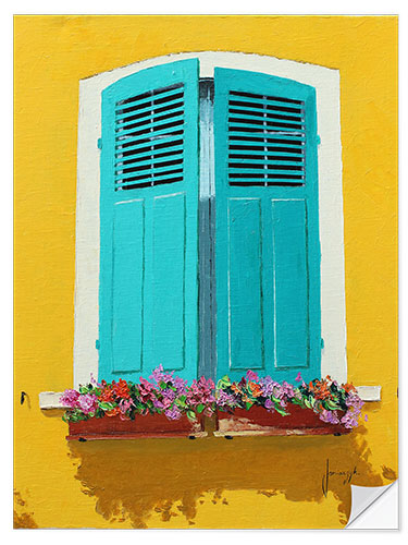 Selvklebende plakat Blue Shutters & Flowerbox