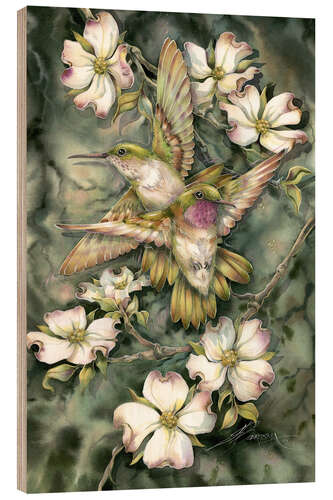 Wood print Hummingbirds and flowers