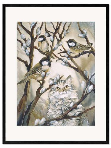 Ingelijste kunstdruk Cat and birds