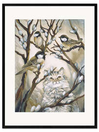 Ingelijste kunstdruk Cat and birds