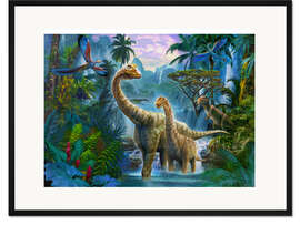 Gerahmter Kunstdruck Dinos baden am Wasserfall