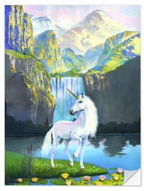 Sticker mural Licorne blanche devant une cascade