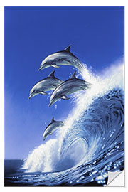 Selvklæbende plakat Dolphins riding the waves