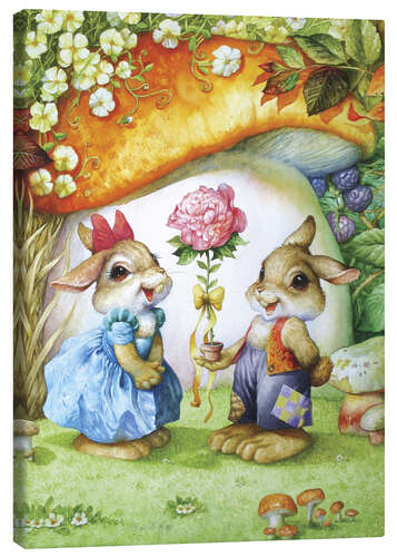 Stampa su tela Rabbits and rose