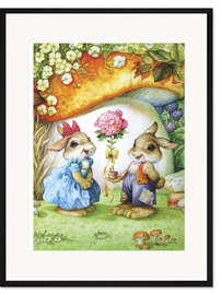 Gerahmter Kunstdruck Kaninchen und Rosen