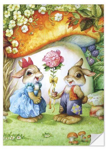 Sisustustarra Rabbits and rose