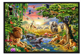 Gerahmter Kunstdruck Das Treffen am Wasserloch - Adrian Chesterman