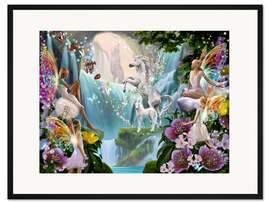 Gerahmter Kunstdruck Feen und Einhörner am Wasserfall
