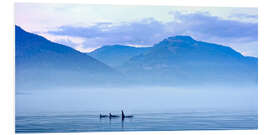 Foam board print Three Killer whales in mountain landscape at Vancouver Island