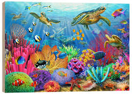 Wood print  Turtle coral reef - Adrian Chesterman