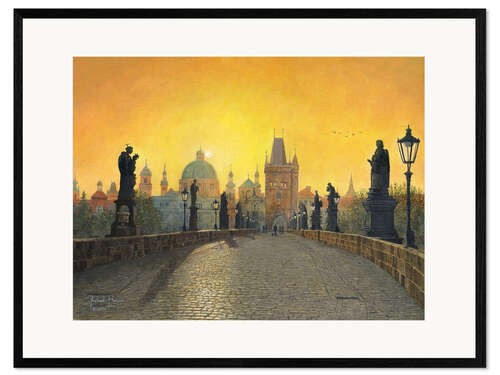 Ingelijste kunstdruk Misty Dawn, Charles Bridge, Prague